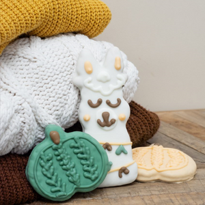 knit pumpkins and llama cookies for dogs